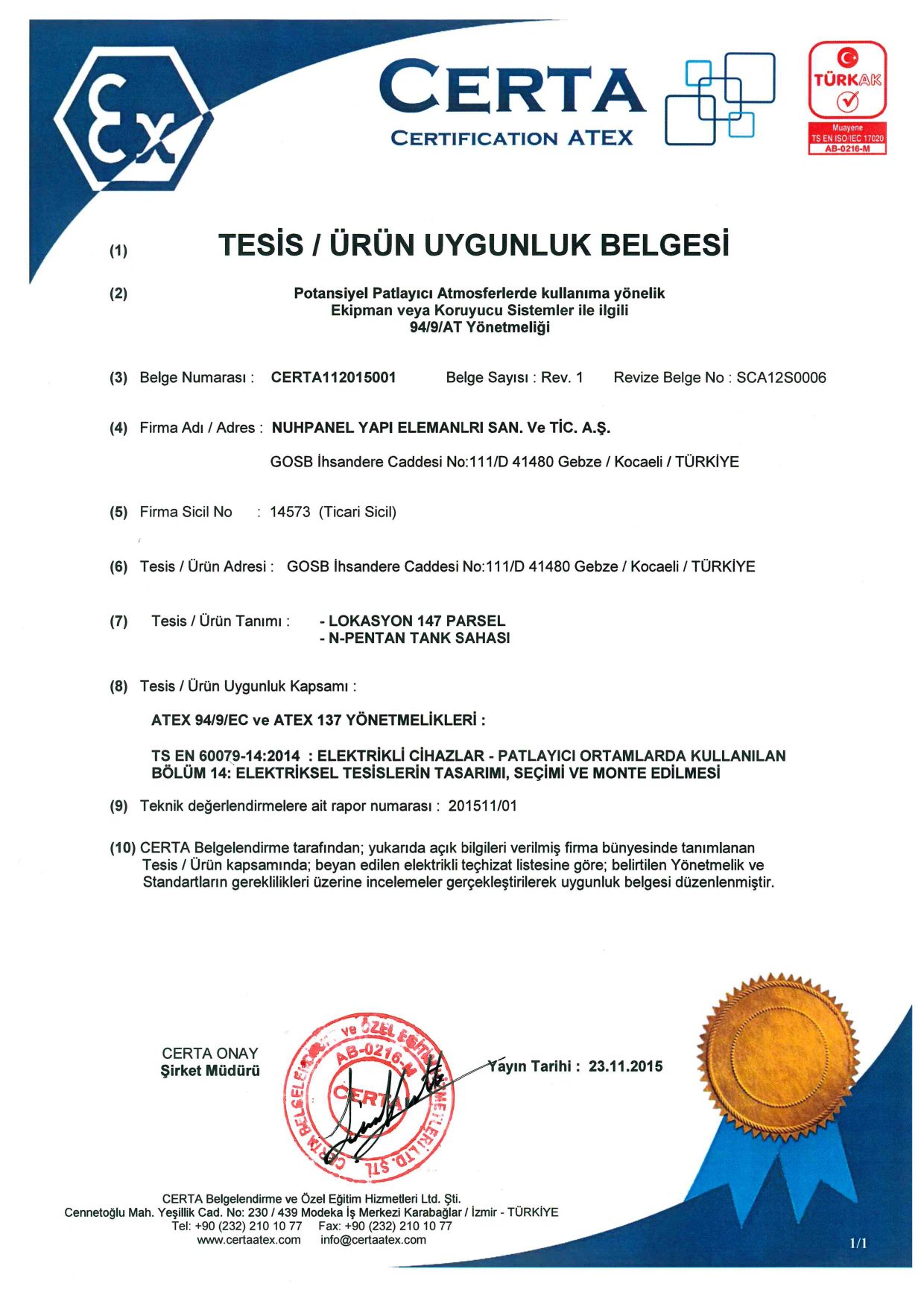 CERTA ATEX Tesis / Ürün Uygunluk Belgesi