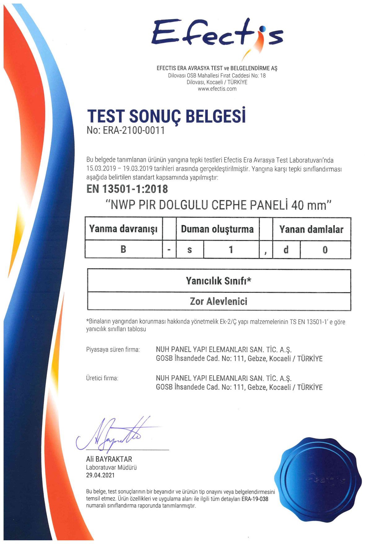 Efectis Test Sonuç Belgesi: NWP PIR Dolgulu Cephe Paneli 40 mm