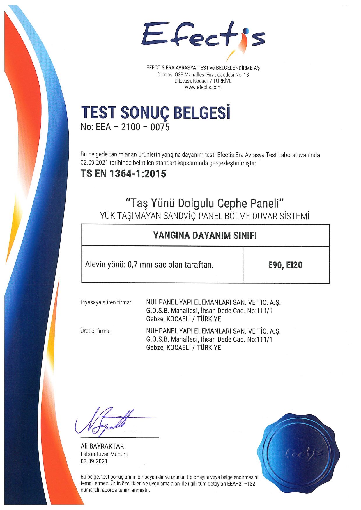 Efectis Test Sonuç Belgesi: Taş Yünü Dolgulu Cephe Paneli