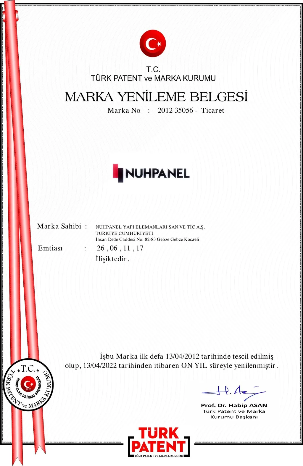 Türk Patent Enstitüsü Marka Tescil Belgesi