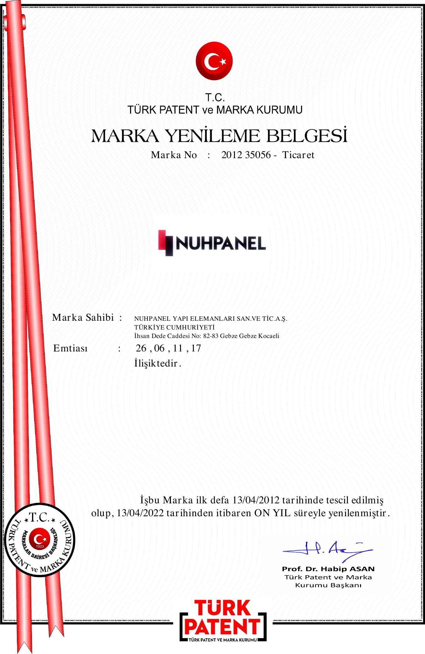 Türk Patent Enstitüsü Marka Tescil Belgesi