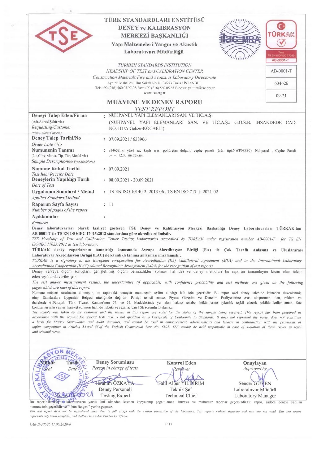 TÜBİTAK MAM Muayene ve Deney Raporu